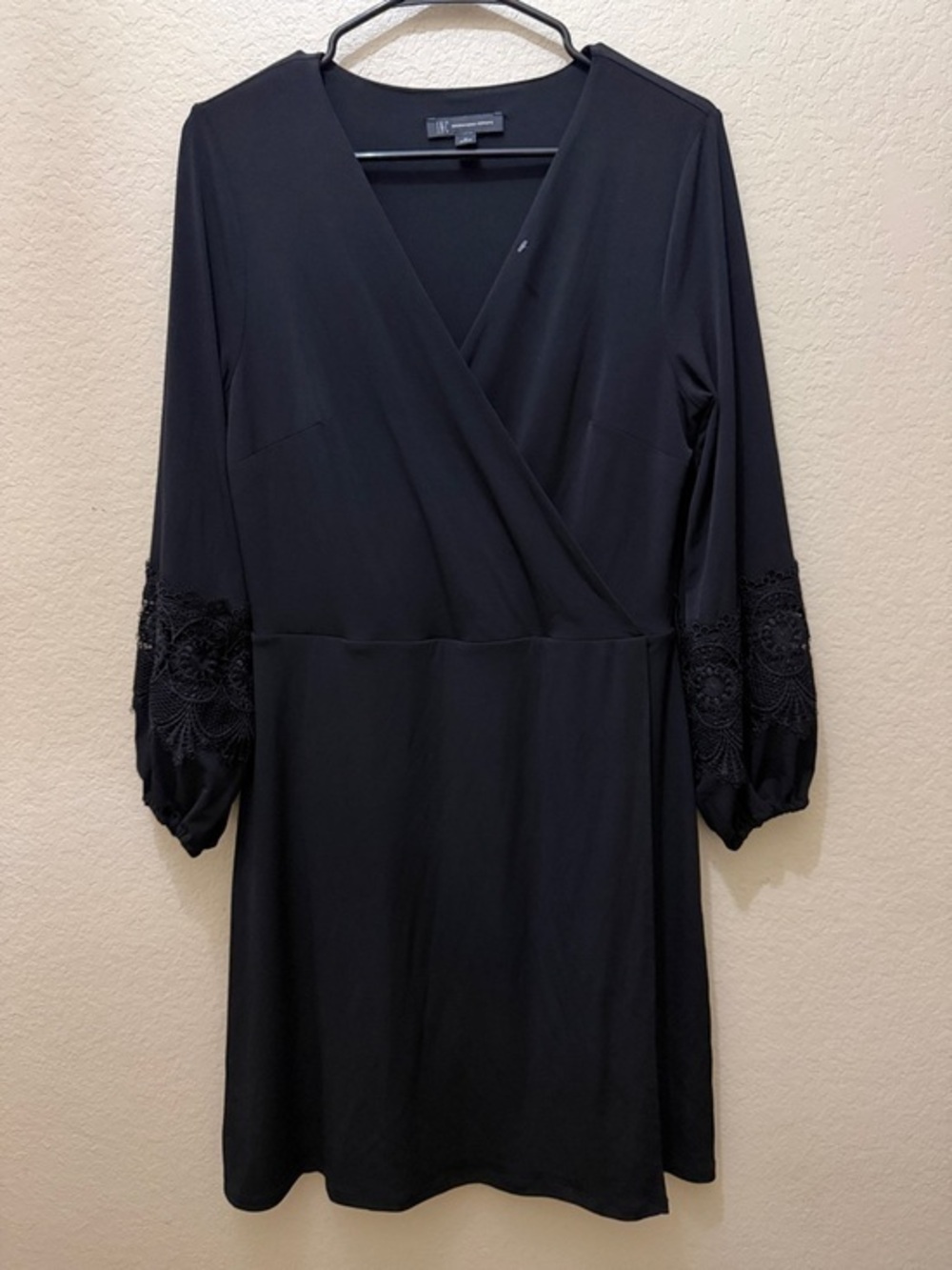 INC International Concepts Black Long-Sleeve Wrap Dress with Lace Trim